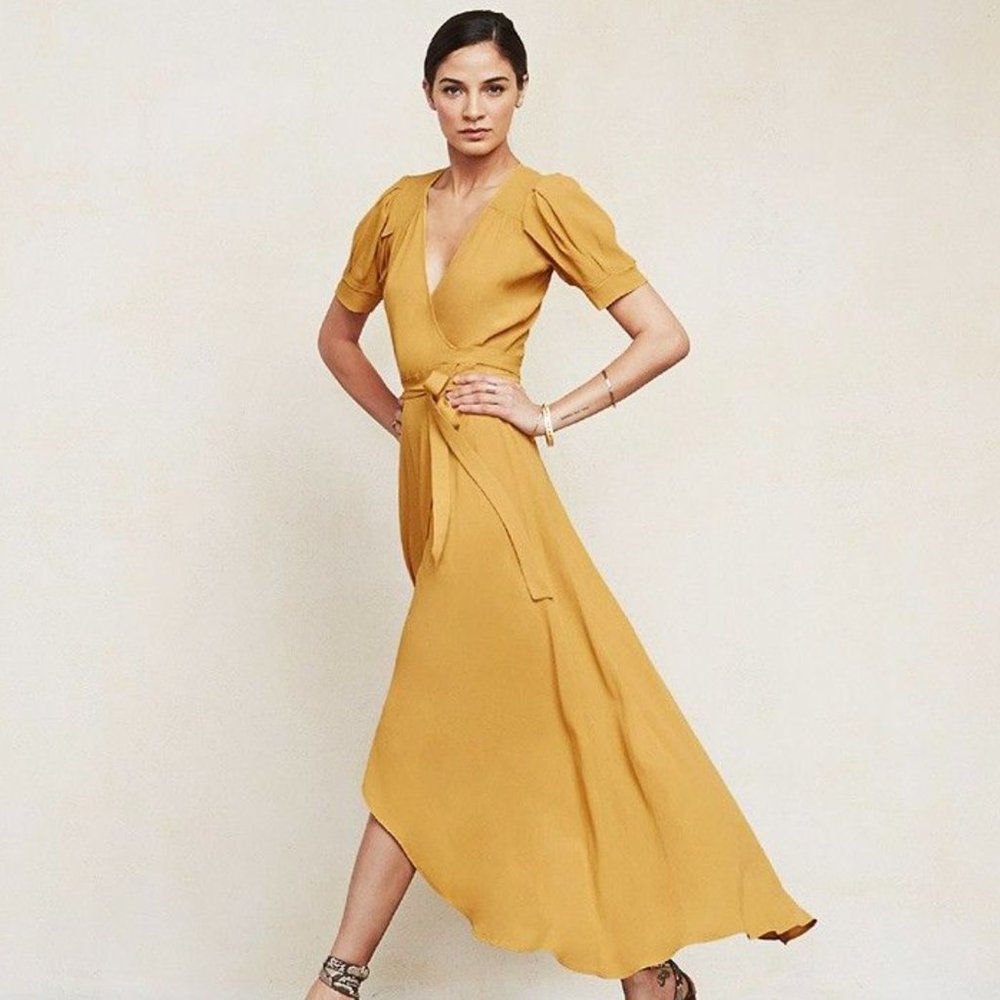 Reformation Mustard Yellow Maxi Wrap Dress